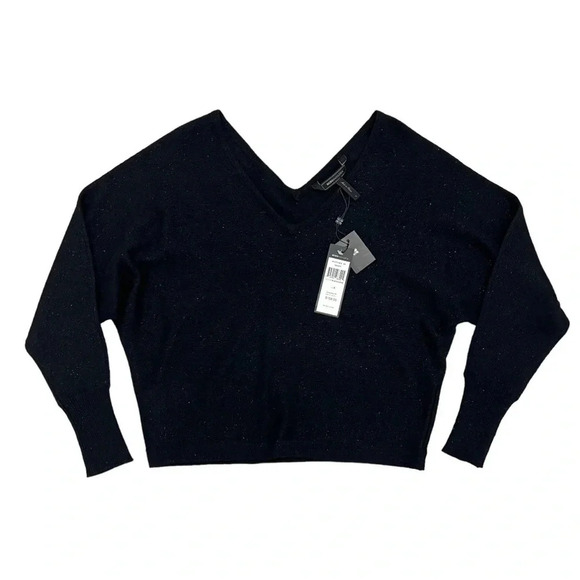 BCBG MAXAZRIA Batwing V-neck Sweater Black metallic Knit Size S NEW - Picture 2 of 11